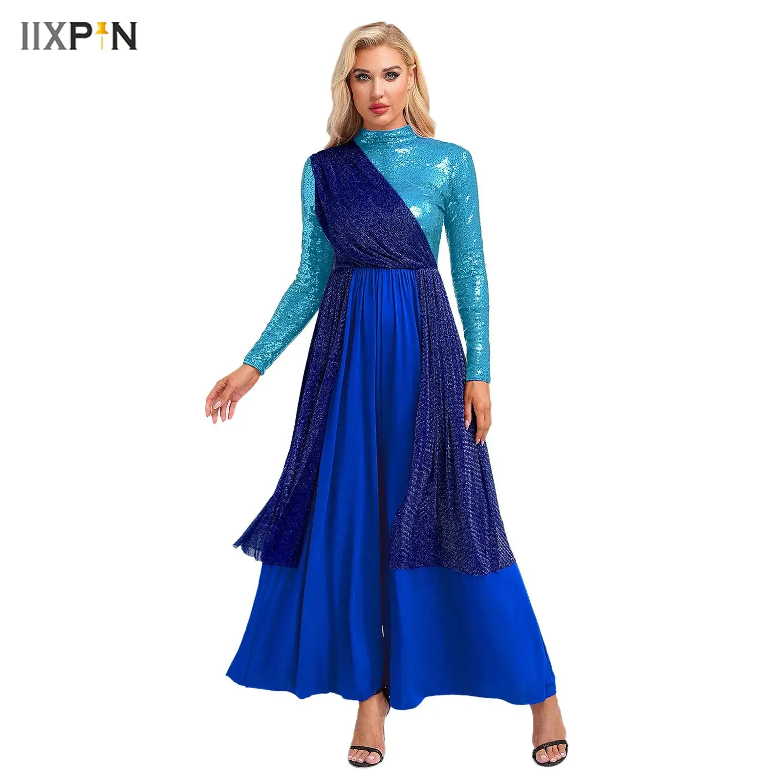 

Womens Worship Costume Sequin Church Robe Choir Liturgical Praise Jumpsuit Overlay Baggy Catsuit Modern Lyrical Dance Costume