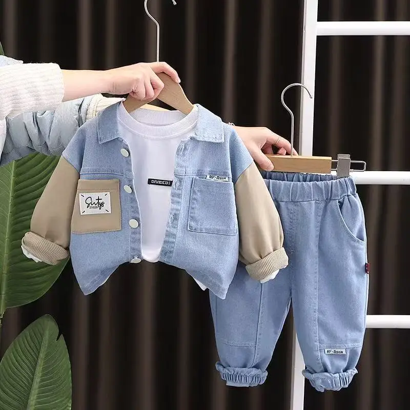 

Boys Spring Autumn Suit 2025 New Children Lapel Denim Colour Blocking Pockets Baby Boy Three-piece Set Tide Clothes 80-120cm