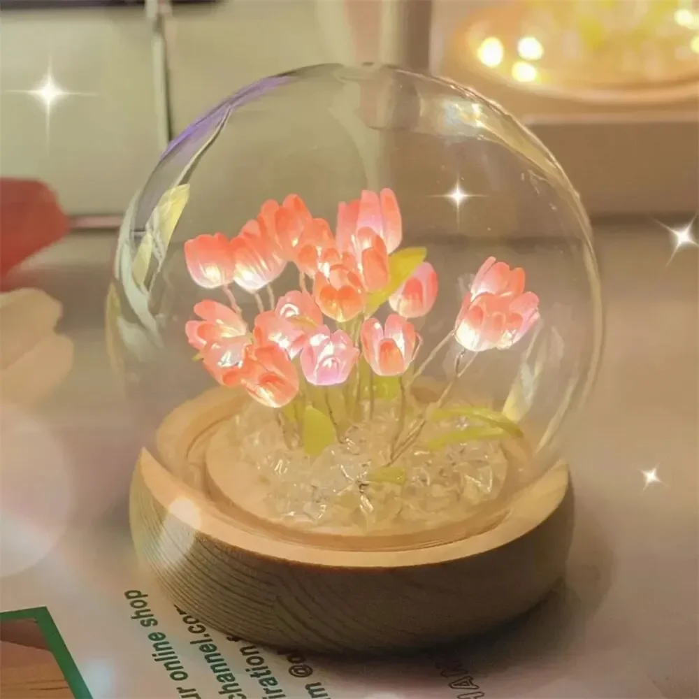 Artificial Tulip Night Light with Transparent Cover Handmade DIY Bedside Lamp LED Night Light Home Decoration Atmosphere Light