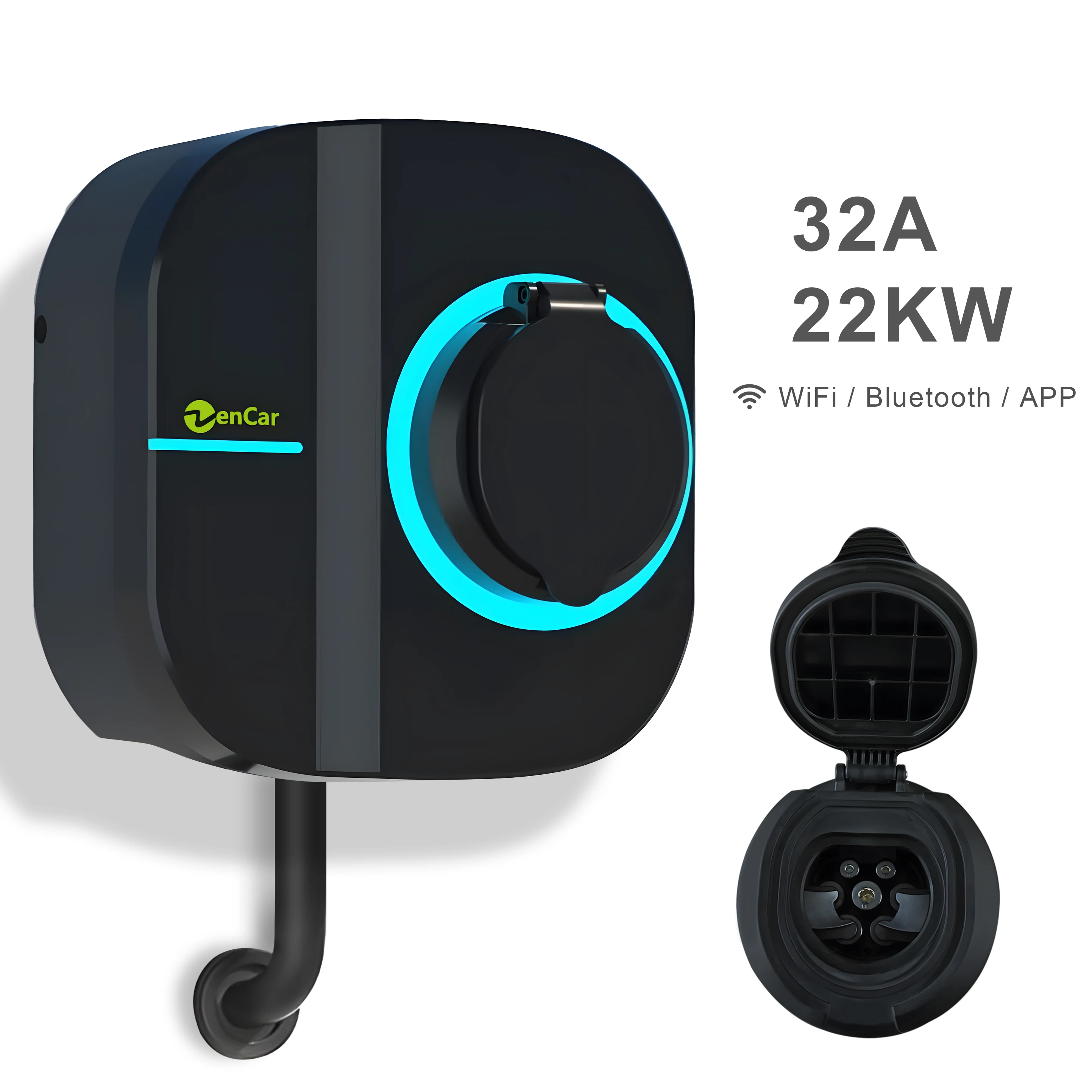 Zencar 22kW Wallbox 32A EV Charger Station Type 2 Shutter Socket With Smart APP For Europe Electric Vehicle Fast Charging