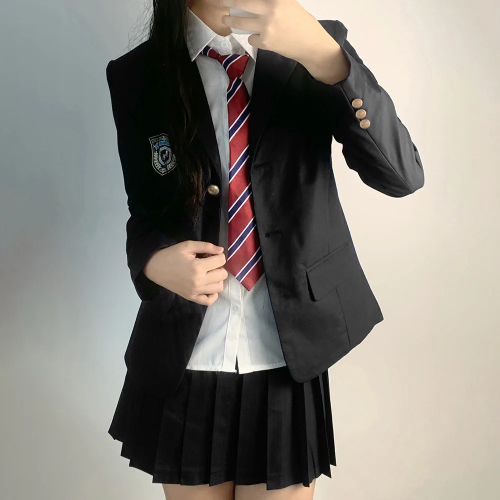 Women Suit Japanese School Uniform Jk Suit Girls Black Suit Thin Pleated Skirt Shirt Tie Four-piece Student Uniform