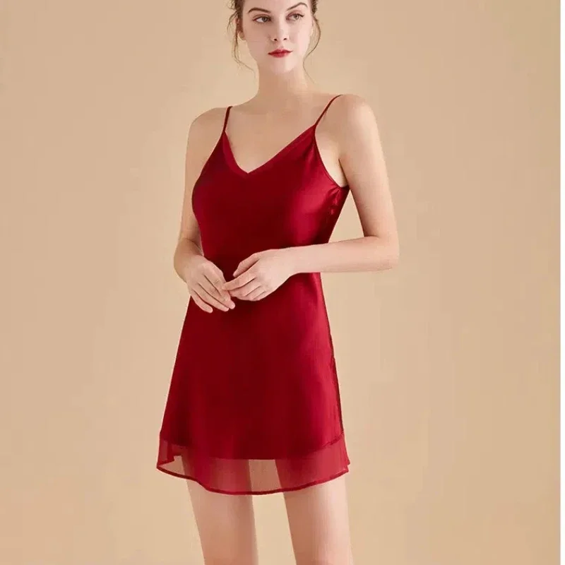 100% Silk Nightdress Sleepwear Ladies Sexy Sling Nightgown Women's Lingerie Solid Color Nightwear V Neck Homewear Mini Dress