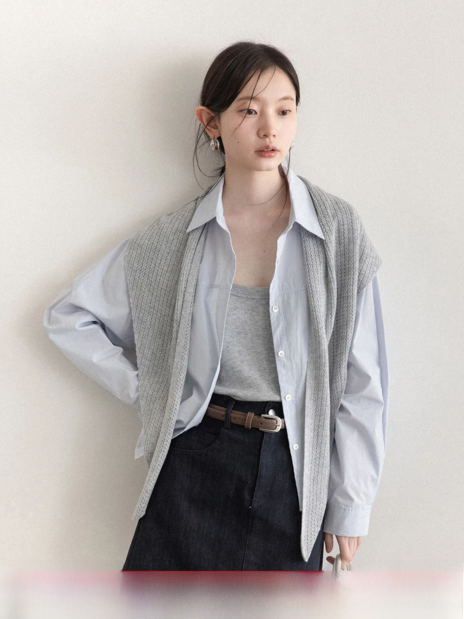 

Blue Long Sve Women's irt Korean Sle Casual Loose Fit Breathable Spring 2026 Inner Wear Slimming Top with awl