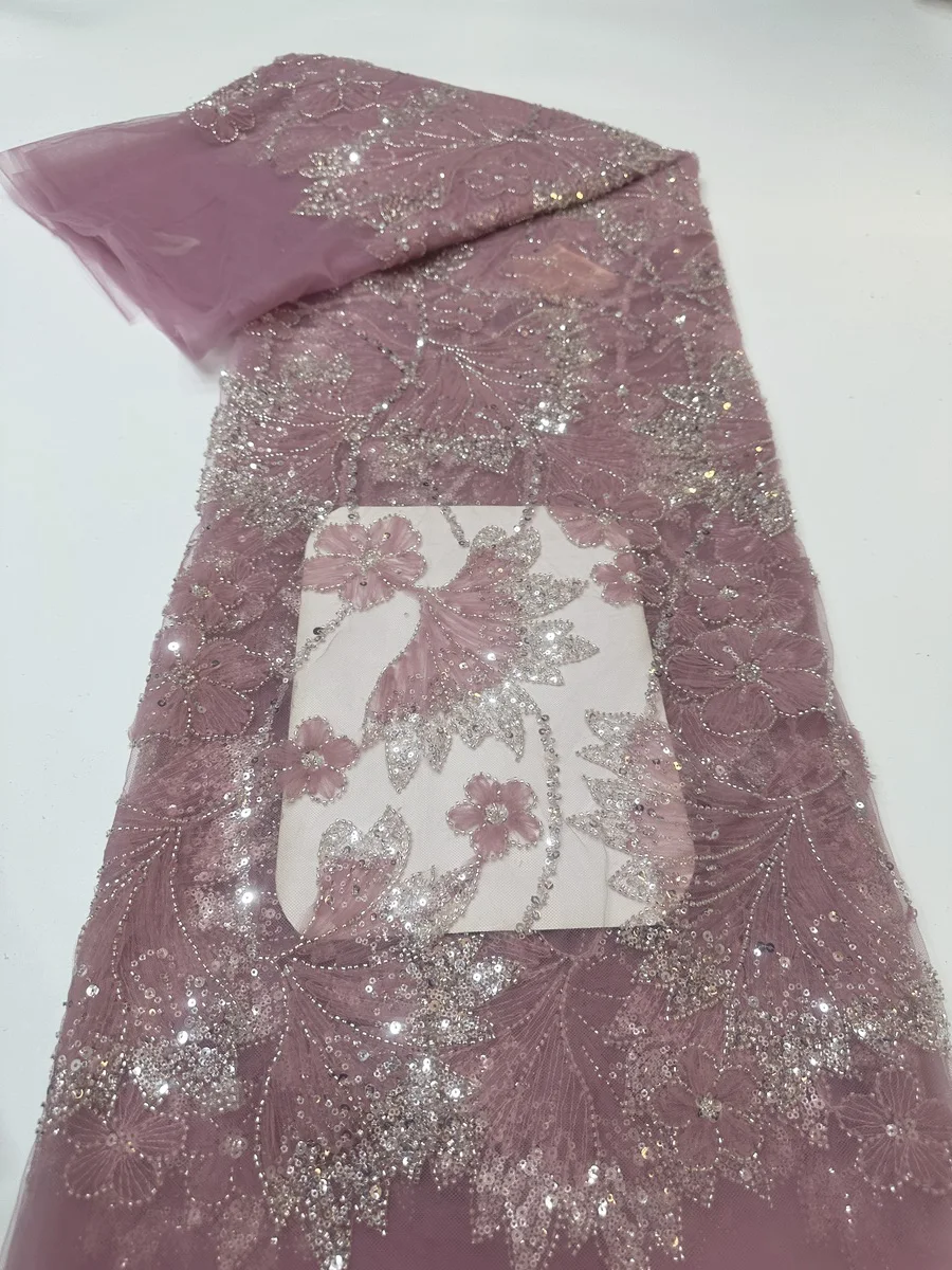 

New Style Pink 3D Beaded African Nigerian Lace Fabric With Sequins 2025 High Quality Handmade Beads French Lace Fabric PYX2511