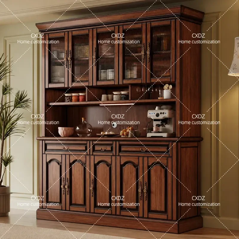 American Retro Solid Wood Dining Side Cabinet Wall Mounted Kitchen Storage Unit Mahogany Wine Rack Cupboard Home Organization