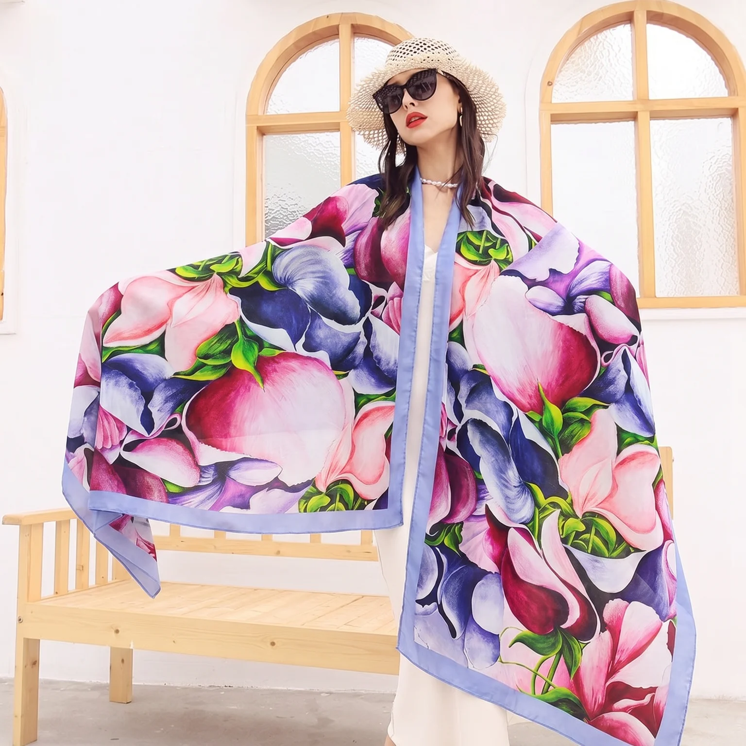 New Luxury Floral Print Silk Scarf Women Large Size Soft Satin Shawl Wrap Fashion Beach Cover Up Headscarf Bandana Foulard