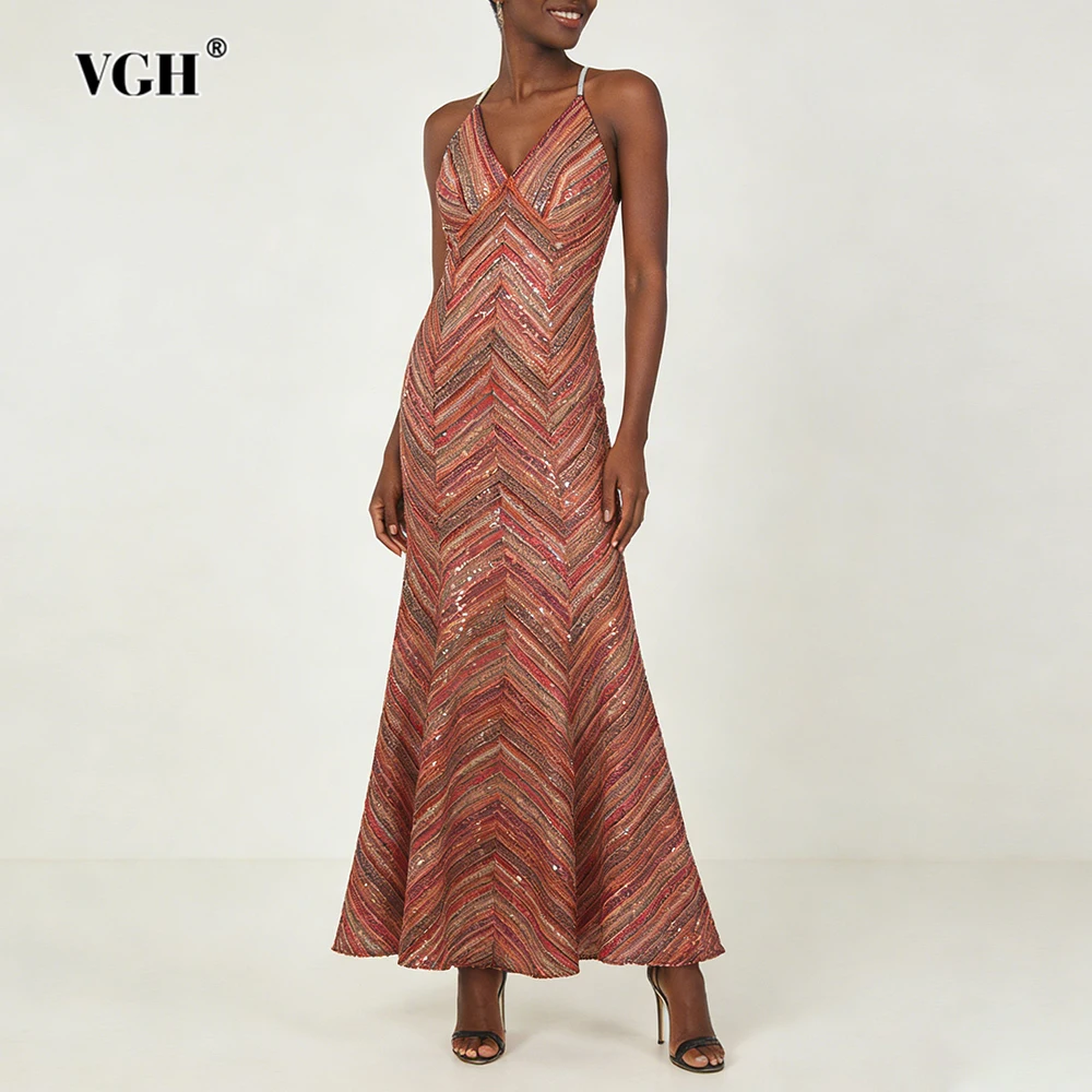 

Длинные платья VGH во французском стиле с винтажным принтом для женщин, с v-образным вырезом, без рукавов, с высокой талией, облегающее повседневное платье, женская мода, новинка