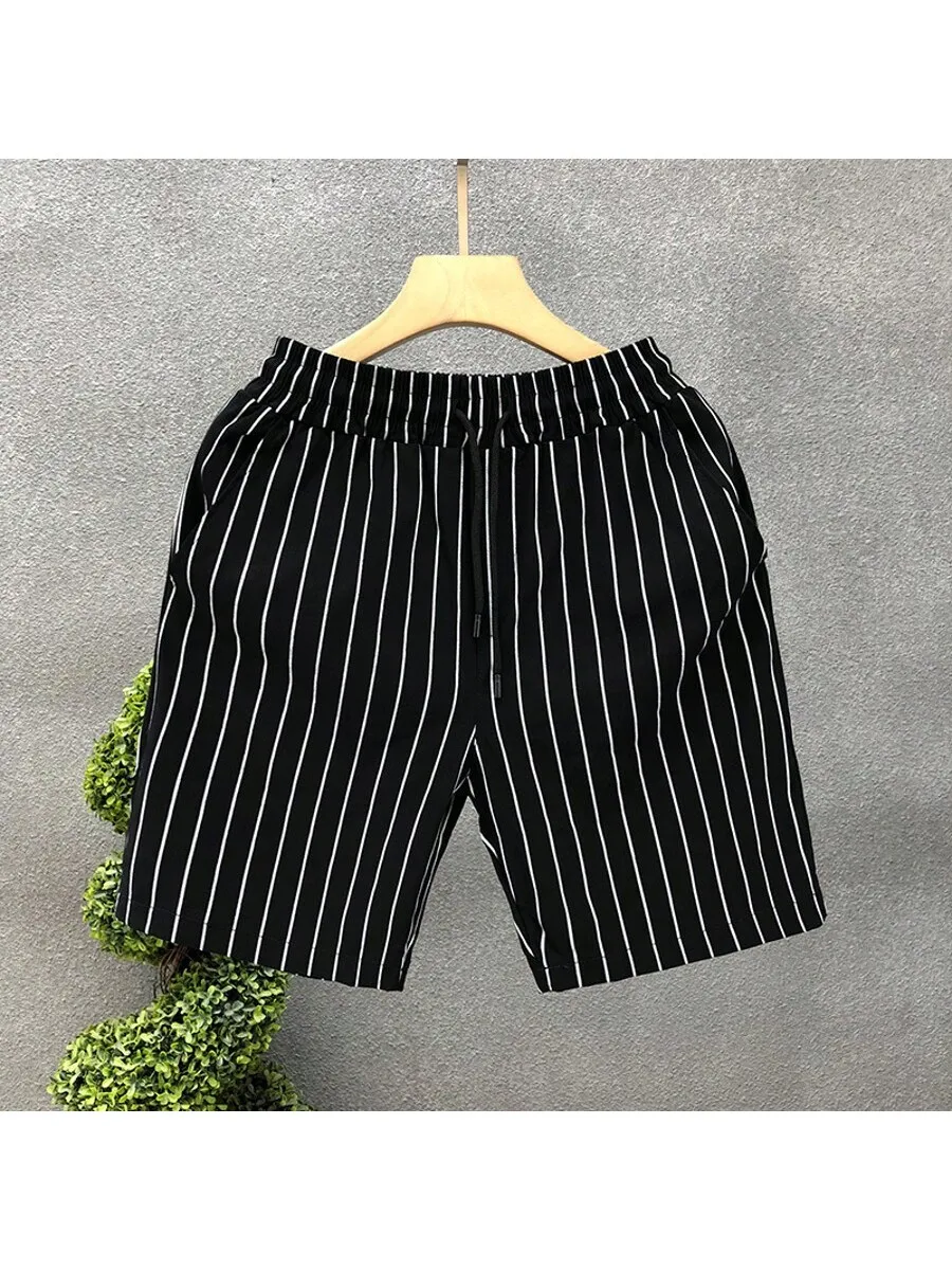 Mens Striped Drawstring Waist Casual Shorts Summer Elastic Waist Beach Shorts