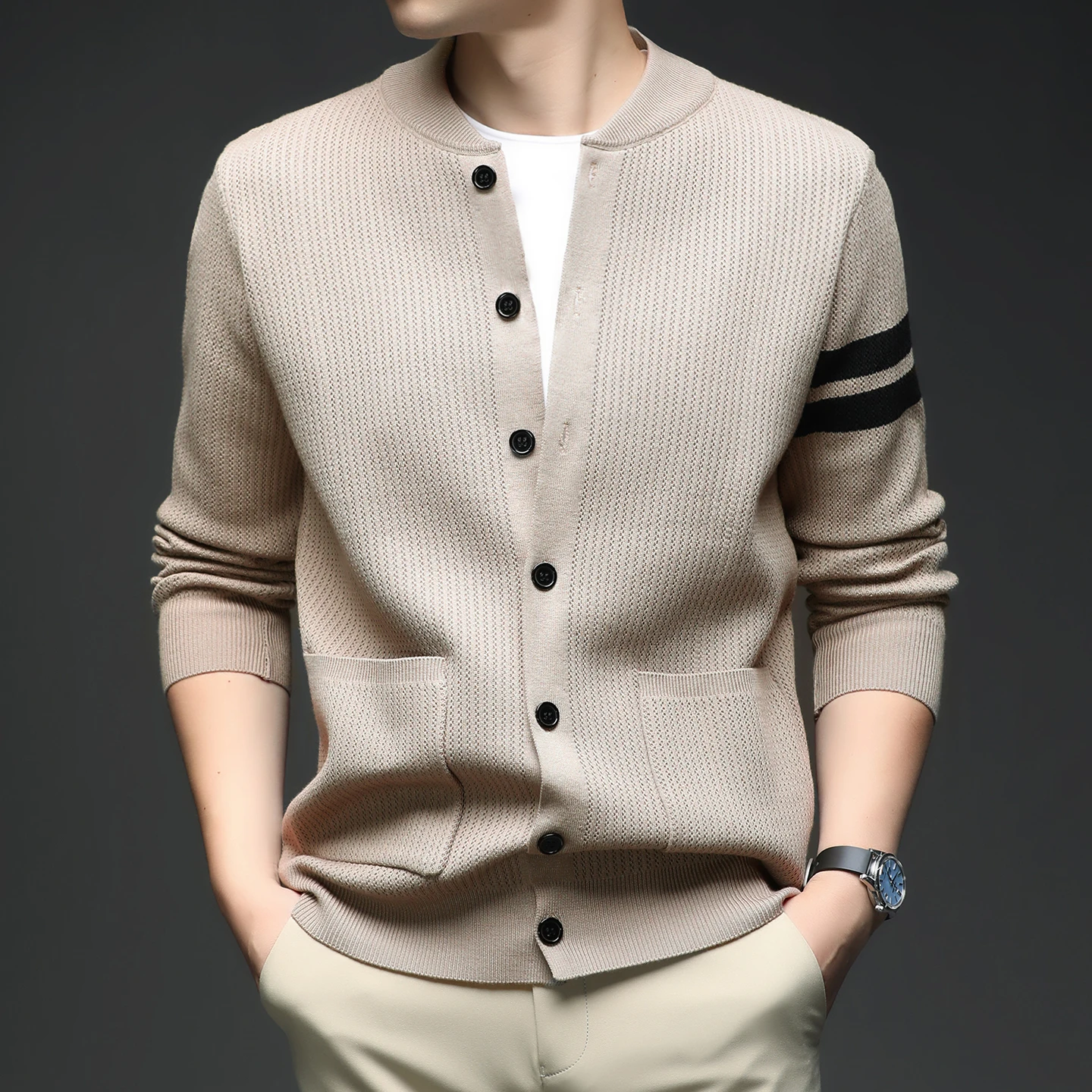 High end brand knitted button sweater cardigan youth fashion double striped comfort simple pocket men's casual round neck coat