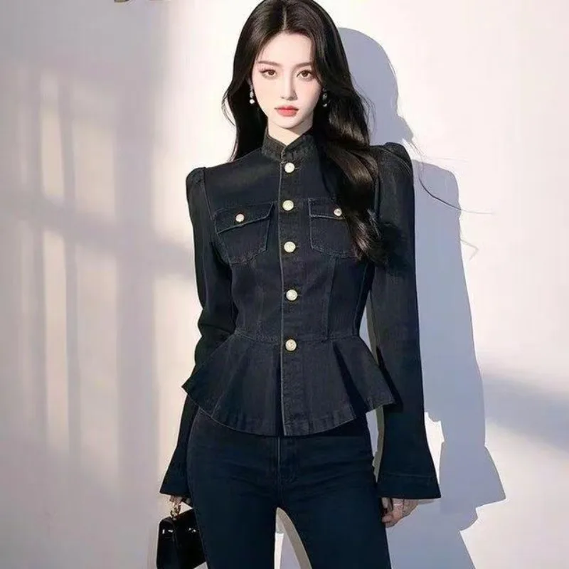 

Black Waist-cinching Slim Streetwear Denim Jacket Women Stand Collar Single Breasted Ruffles Korean Office Lady Coat Spring 2025