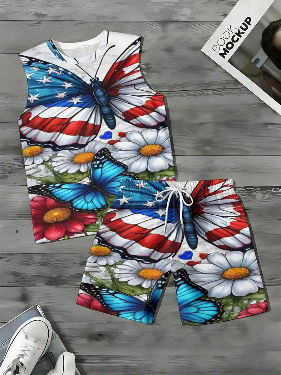 Casual Fashion 2026 European & American Spring Summer Autumn New Style Men's Tank Top And Beach Shorts Set Independence Day view 3