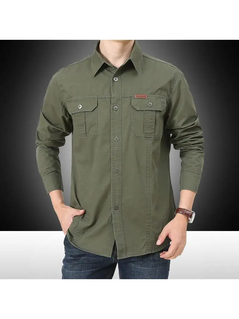 Męskie koszule w stylu militarnym, uniformy, rozmiary 3XL 4XL 5XL 6XL, duże rozmiary plus size, bawełniane, brytyjskie, z długim rękawem, koszule cargo męskie 2026, kolor zielony wojskowy (US Army Green) — zdjęcie 2