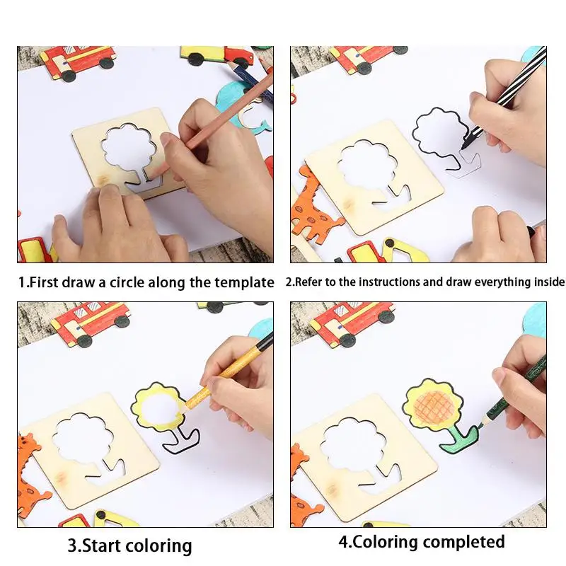 Kids Drawing Toys Wooden DIY Painting Template With Watercolor Pen Set Craft Toy Coloring Puzzle Toys For Children Birthday Gift