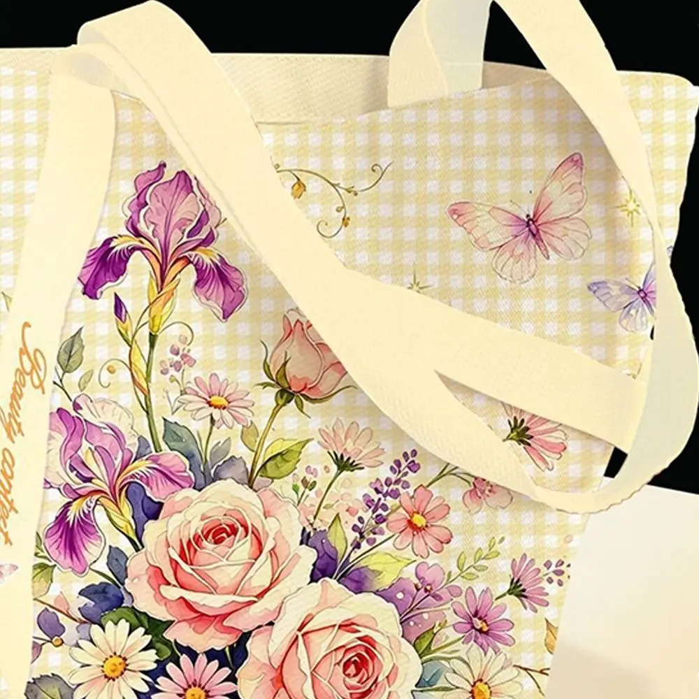 Portable Floral Canvas Tote Bag Large Capacity Lightweight Shoulder Bag Reusable Shopping Bag For Work
