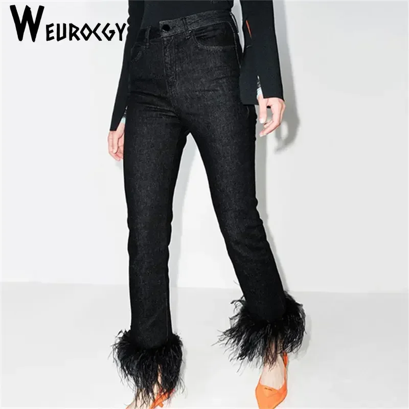 

2023 Autumn Personality New Style Fashion High Waist Look Thin Splicing Feather Women Denim Straight-Leg Pants Street Style