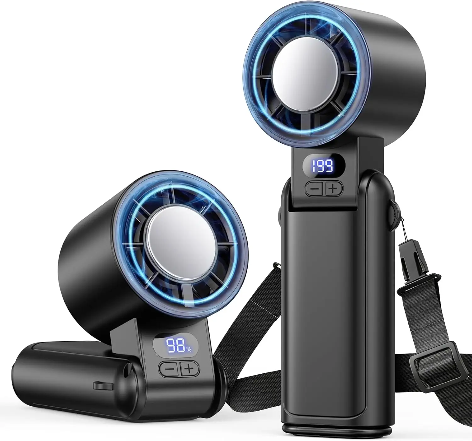 

4-in-1 Turbo Fan: 1-199 Speed, LED Display, Rechargeable, 12H Battery, Pocket Size for Travel/Outdoor