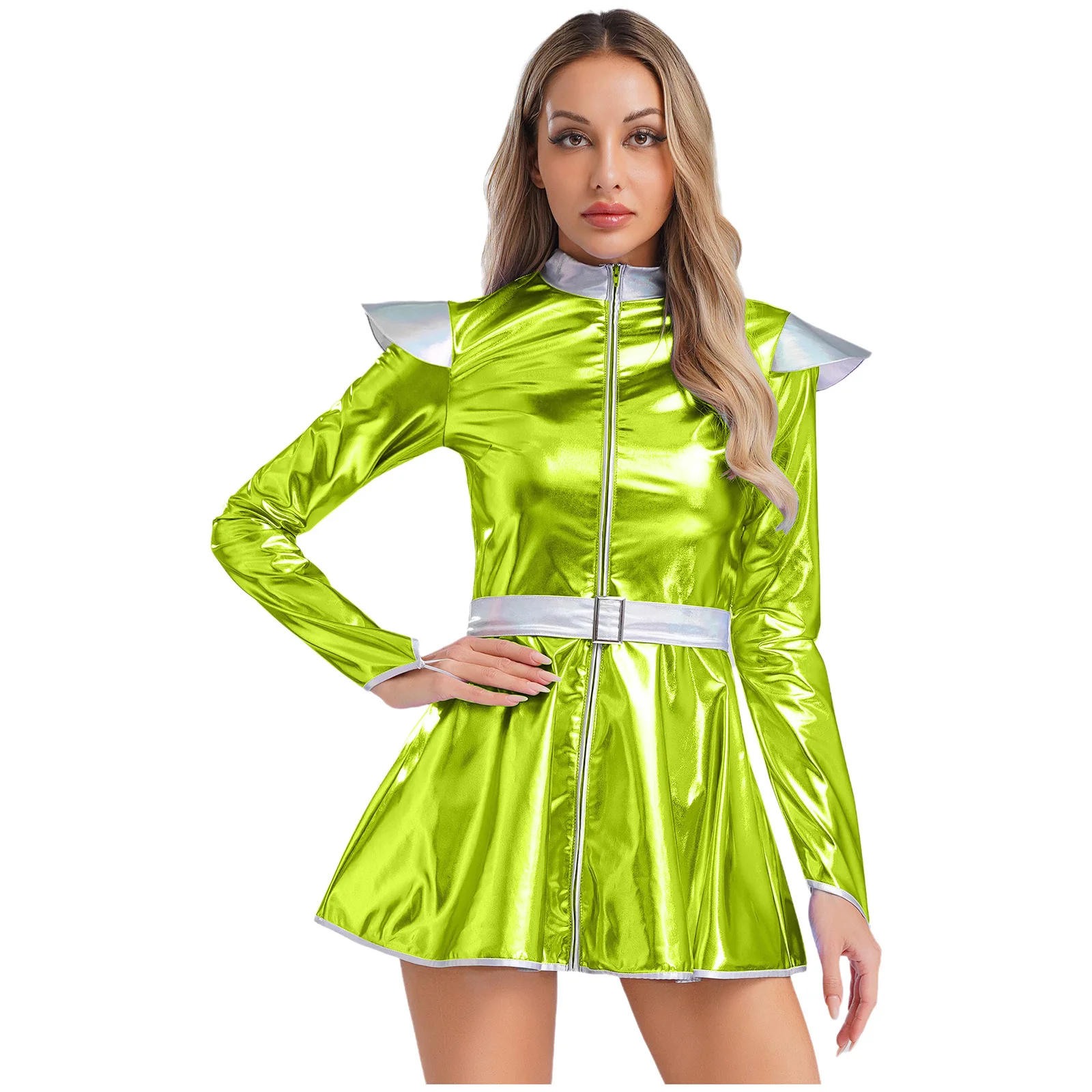 

Women Fashion Holographic Alien Astronaut Cosplay Dress with Belt Metallic Outer Space Robot Halloween Role Play Fancy Outfits