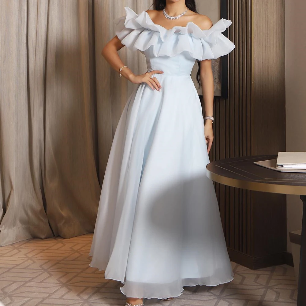 Customized Elegant Chiffon Off the Shoulder Evening Dress Delicate Boat Neck A-Line Short Sleeves Floor Length Homecoming Gowns