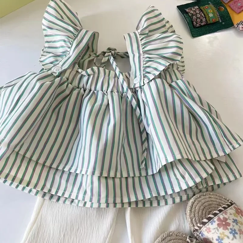 الفتاة الصيف فستان أطفال مع سروال داخلي 2025 فتاة جديدة طفل الحلو ساحة طوق قميص مخطط + البيج سليم جرس أسفل بنطلون 2 قطعة مجموعة #2