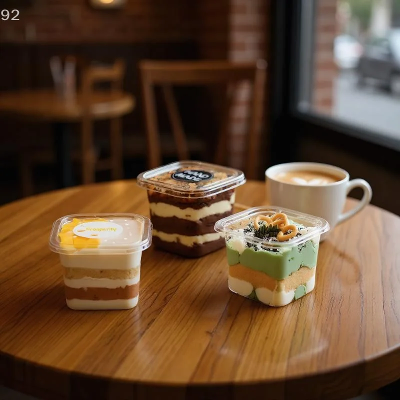 50 szt. Przezroczystych pojemników na desery/kompoty z akrylu spożywczego o pojemności 150/250/380 ml z zabezpieczonymi pokrywkami.