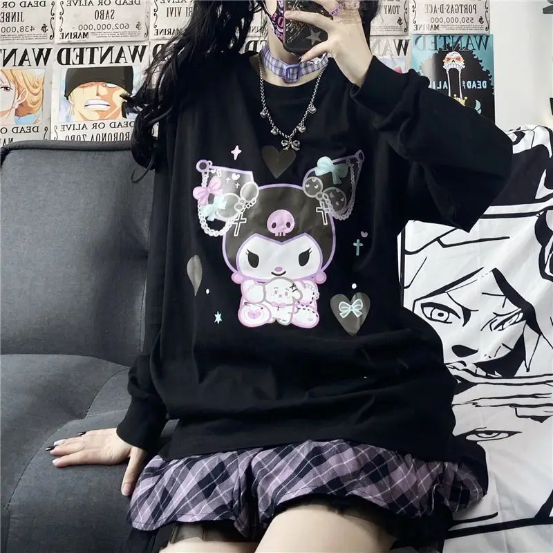 Japanse Sanrioed Leuke Kuromi Lange Mouw T-shirt Vrouwen Herfst Streetwear O-hals Meisjes Y2K Tops Harajuku Stijl Student Trui