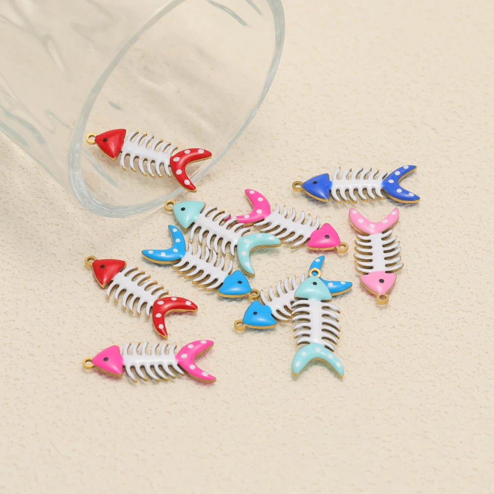 5 Stück Goldene Edelstahl-Emaille-Fischgräten-Anhänger für DIY-Schmuck, Damen-Armband, Halskette, Ohrringe, Anhänger-Herstellung – Detail 4