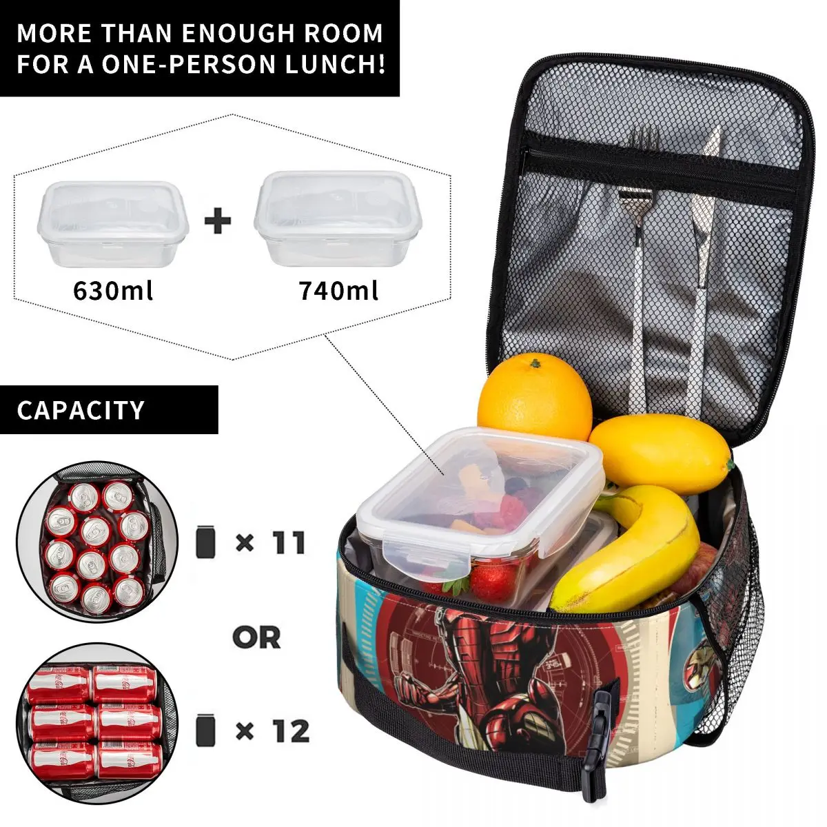 الرجل الحديدي خمر التكنولوجيا المشارك حقيبة الغداء الترفيه علب الاغذية للنساء مدرسة المحمولة معزول حقيبة للحفاظ على البرودة أكياس الغداء الحرارية