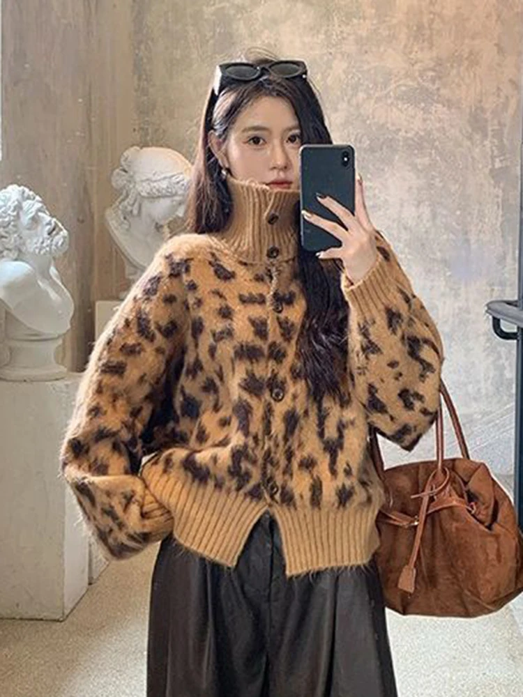 

Zoki Y2K винтажный леопардовый кардиган, свитер, женская свободная уличная одежда, водолазка, вязаная куртка, ретро осенне-зимние топы с длинными рукавами