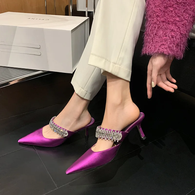 

New Foreign Trade Style Celebrity Mueller Shoes Fashion Rhinestone Baotou Shoes Wearing Thin Heel High Heel Slippers for Women