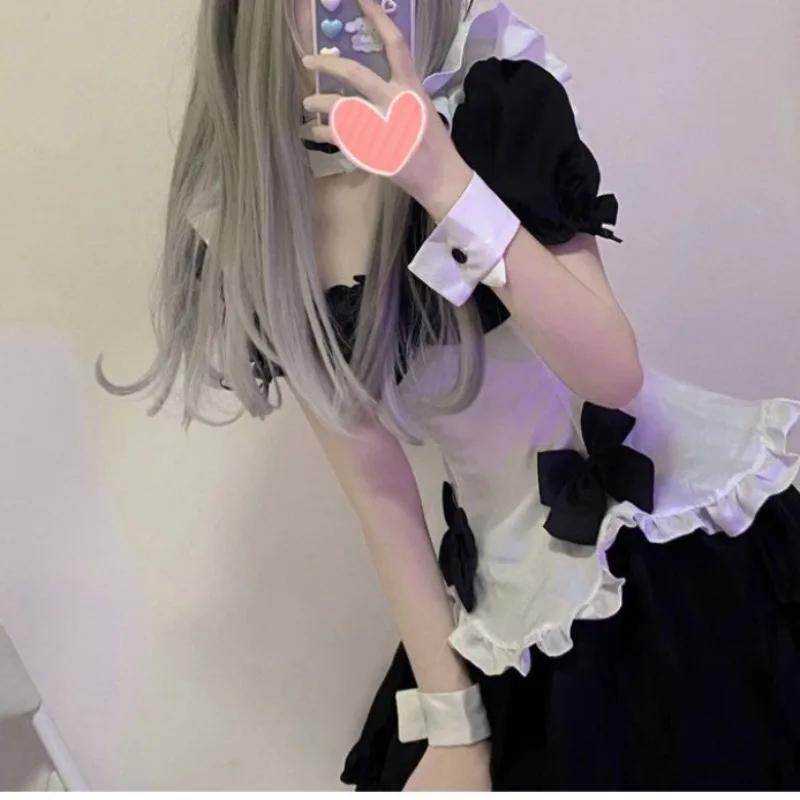 Japonês macio menina cosplay empregada 2024 lolita pulôver quadrado pescoço arco babados borda sexy simples e elegante princesa saia terno