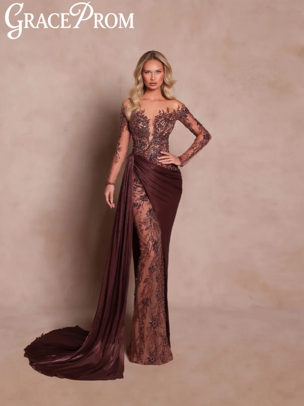 

Brown Lace Embroidery Evening Dress Long Sleeved Straight Long Wedding Party Gown 2026 Customized Exquisite Red Carpet Gowns