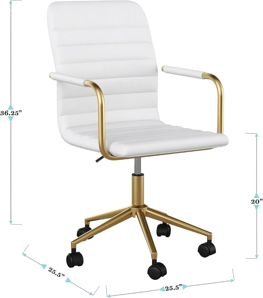 Martha Stewart Taytum Swivel Task Chair with Armrests for Home Office in White Faux Leather with Polished Brass Frame