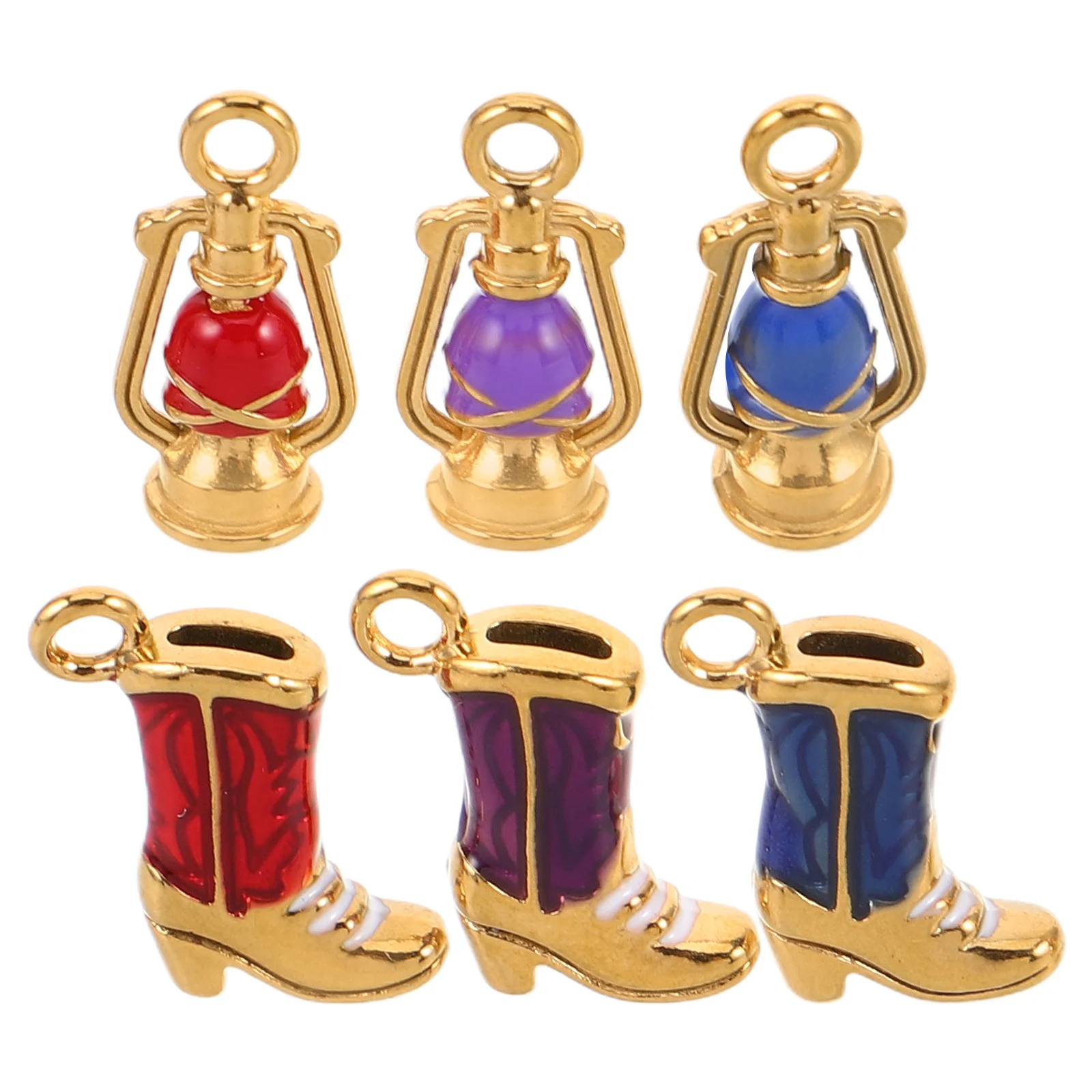 

6Pcs Western Boot Charms Stainless Steel Gold Plated Mini Pendants Oil Lantern Design Double Sided Enamel for Craft Charms DIY