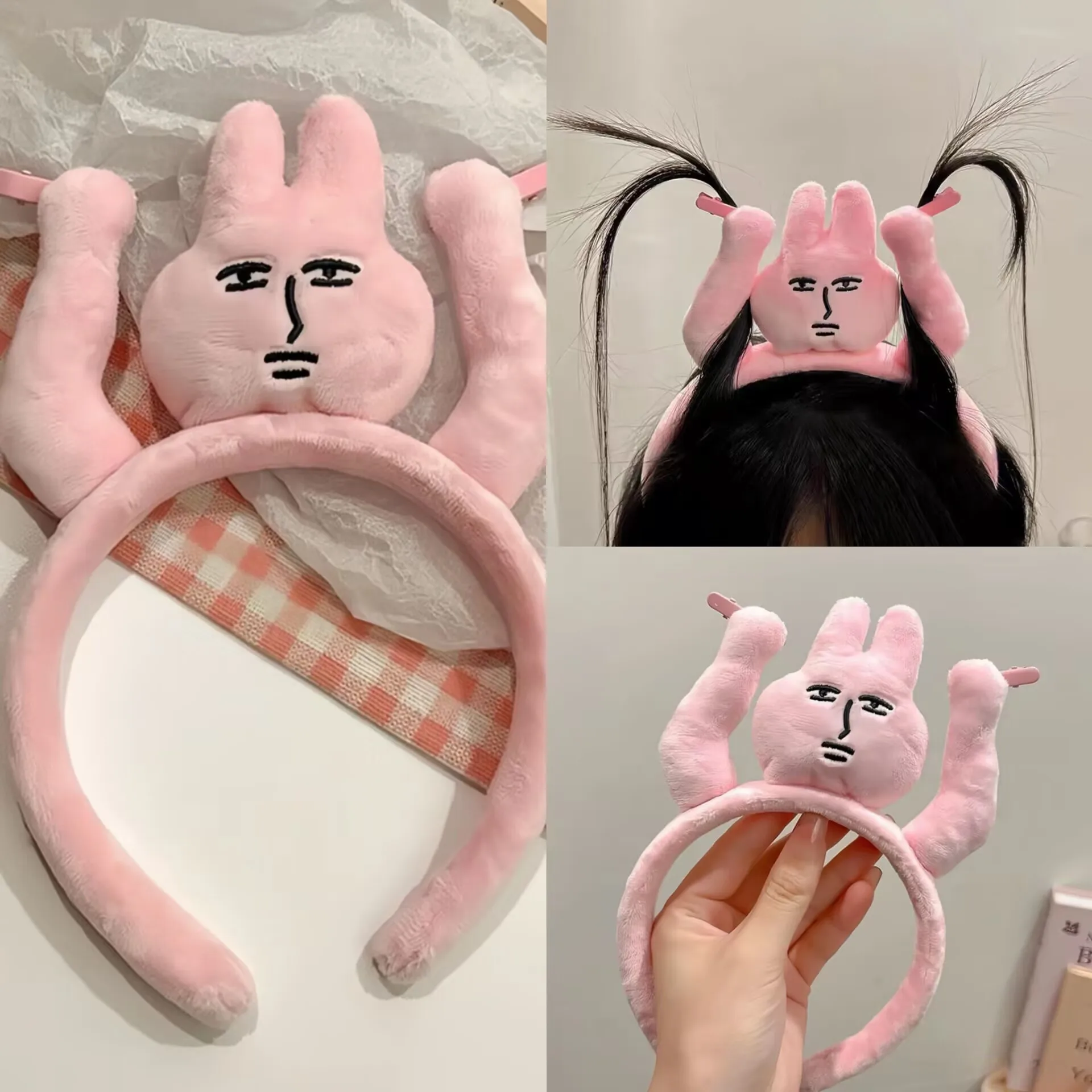 Diadema de conejo rosa, diadema divertida y caprichosa, paquete de pelo con flequillo, tocado caliente de dibujos animados, 1 ud.