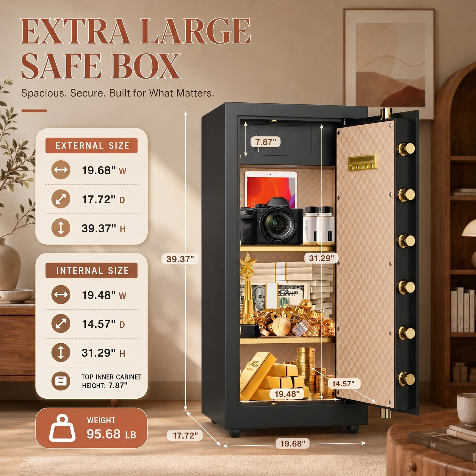 Kavey 10.0 Cub Home Safe with Adjustable Shelves for Money Cash Jewelry, Heavy Duty Safe with Solid Bolts, LCD Screen, Separate Lock Box,Extra Large Safe Box for Home Office with Wheels