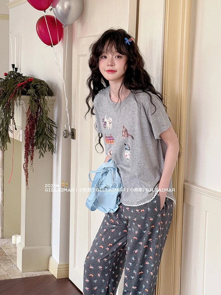 2025 summer new Japanese original cartoon cat short-sleeved suit round neck sweet girl floral casual loose loungewear