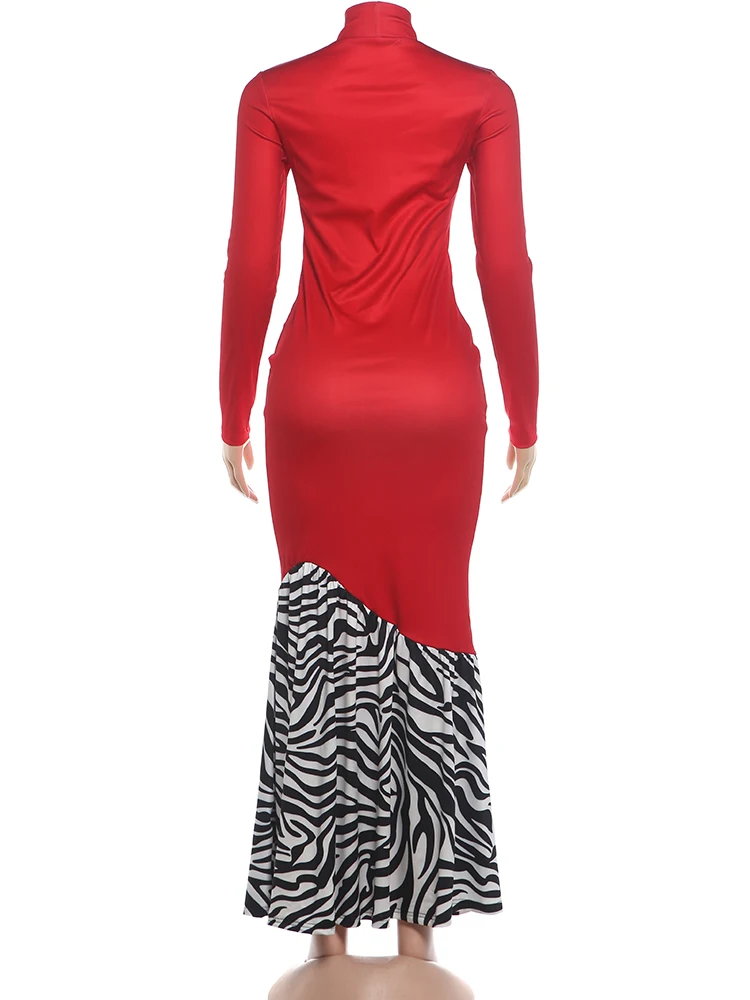 Weird Puss Leoparden-Patchwork-Langes Kleid für Damen, Herbst-Trend, O-Ausschnitt, lange Ärmel, hohe Taille, figurbetont, pfirsichfarben, eleganter Stil, Vestidos – Detail 5