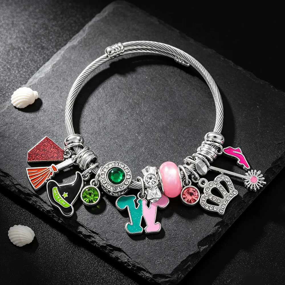 Wicked Charm Bangle Bracelet for Women Witch Musical Theatre Rhinestone Enamel Crown Charms Cosplay Jewelry Gift