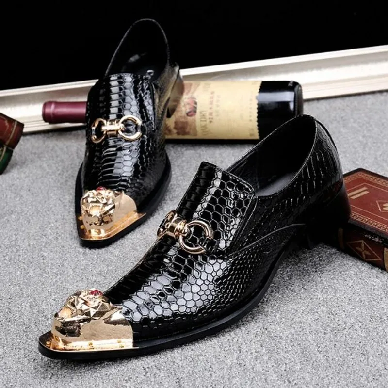 

Fashion Black Snake Embossed Formal Business Shoes Genuine Leather Big Size 38-46 Dragon Head Pointed Toe Wedding Dress Oxfords