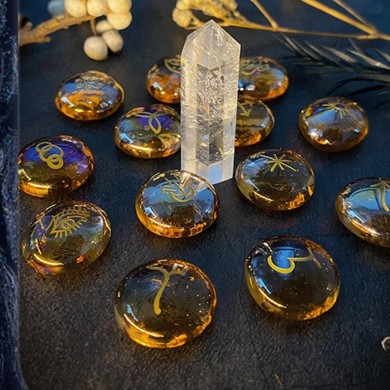 13Pcs Divination Runes Stone Glass Runes Signs Roundel Stone for Meditations