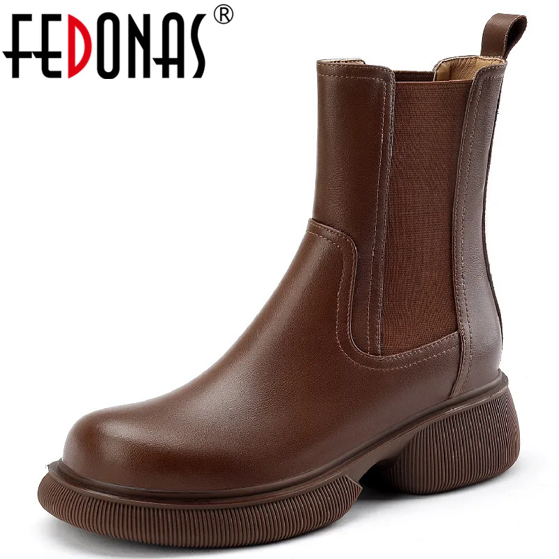 

FEDONAS Women Ankle Boots Casual Working Autumn Winter Splicing Genuine Leather Thick Heels Shoes Woman Fashion New Arrival