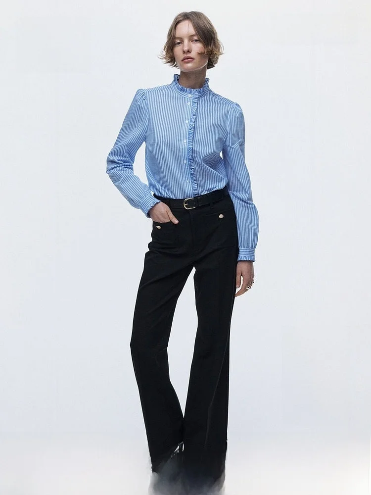 

H&M Women's Shirt Summer 2026 Gored Silk Long Sleeve Commute Professional Top Button Detail Regular Thickness Stand Collar
