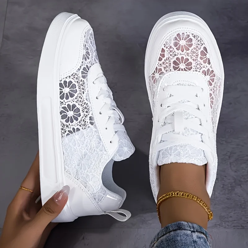 2026 New Arrival Women Lace Mesh Platform Sneakers Floral Embroidery Breathable Slip On Lace Up Casual Walking Shoes Lightweight Soft Non Slip Sole Fashion Daily Outdoor Shopping Ladies Flat Trainers Black White Two Solid Color Options Available