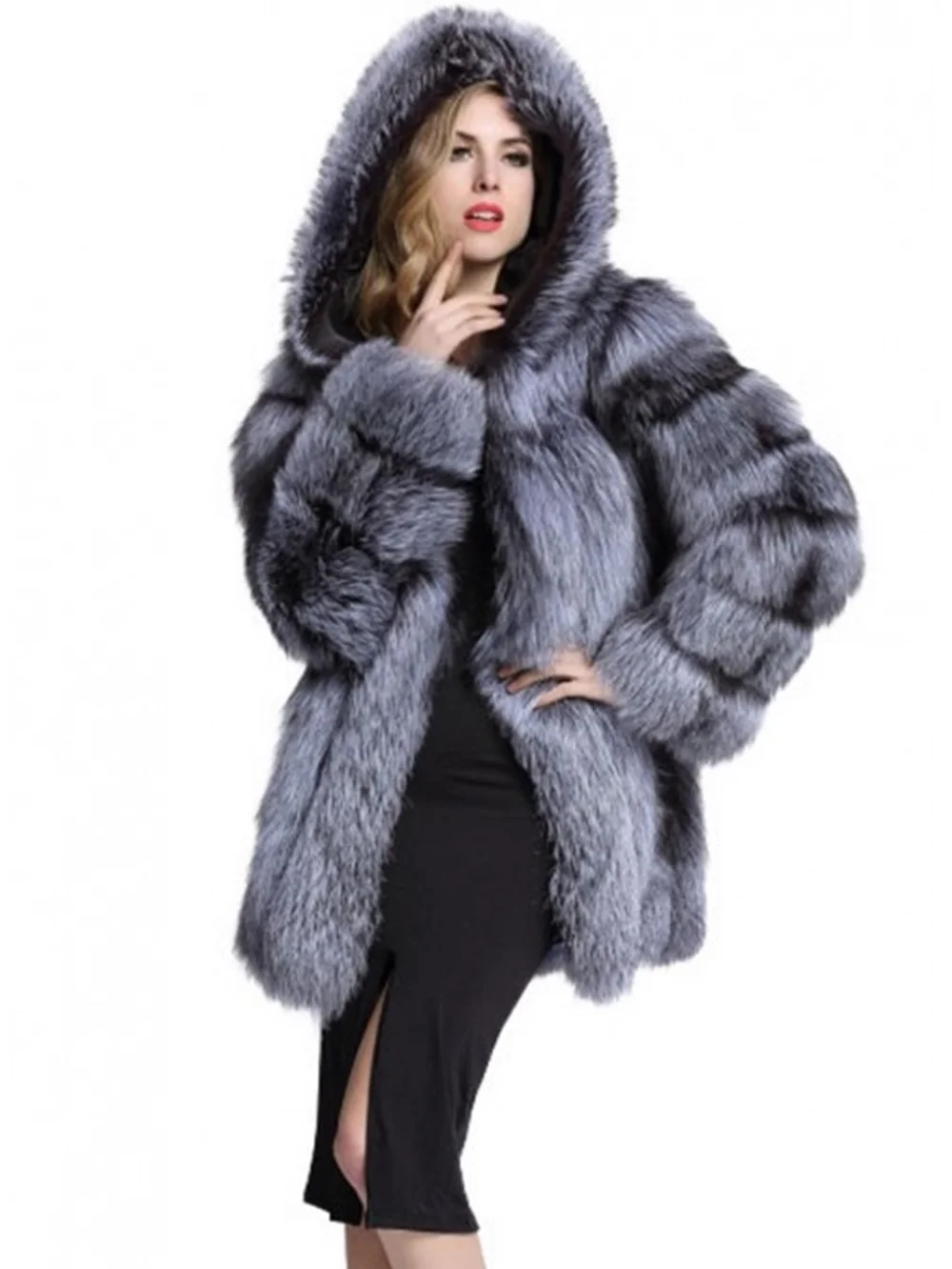 Real Silver Fox Fur Jacket with Hood for Women, Hooded Coat, Long Sleeves, Natural, Thick, Female, Winter