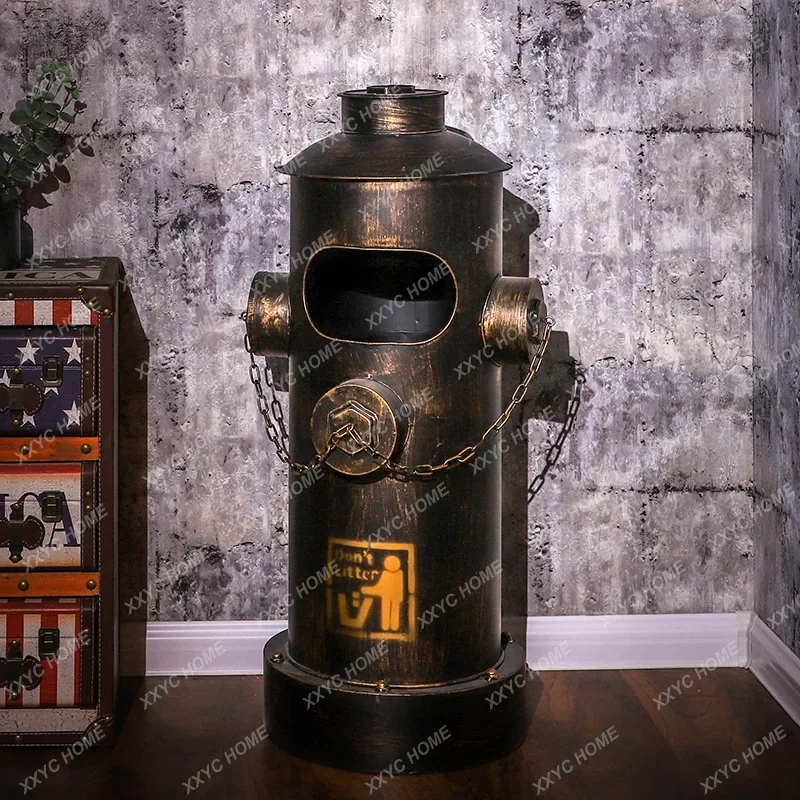 Industrial Wind Fire Hydrant Trash Can With Cover Vintage Iron Storage Bucket Creative Oil Bucket Floor Decoration Trash Can