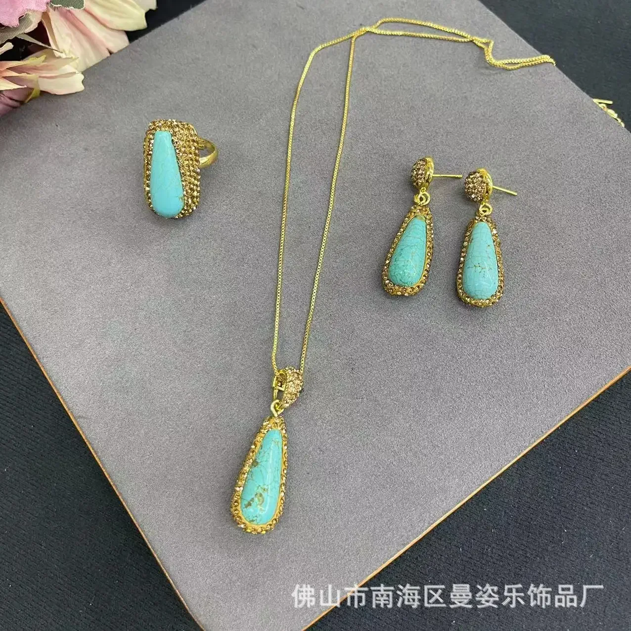 Tibetan set turquoise crystal three-piece set suit popular jewelry hot-selling direct sales