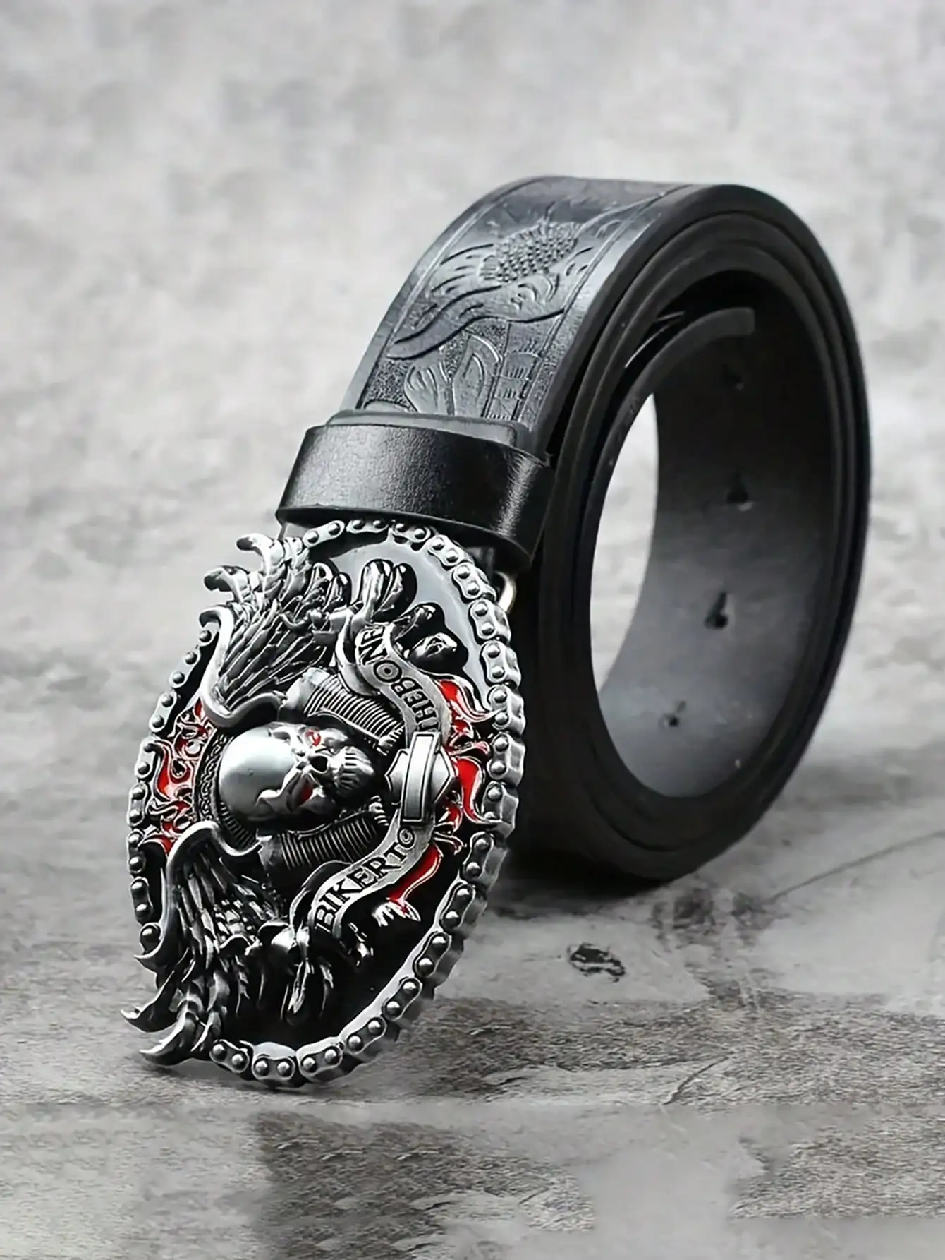 HERSHINE Men's Vintage Embossed Leather Belt (1 Piece), Skull Ghost Buckle, Y2K Gothic Punk Rock Hip Hop Accessory，spring，summer