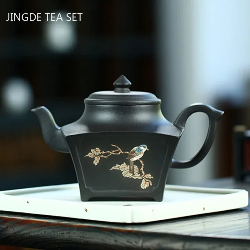 Yixing Zisha Hand-painted Teapot Black Mud Quartet Elegant Rhyme Purple Clay Tea Pot Chinese Handmade Tea Maker Teaware 230ml