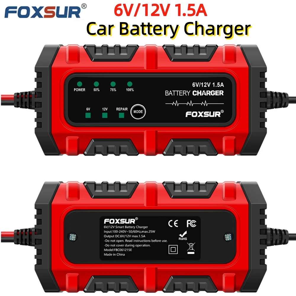 FOXSUR Full Intelligent Pulse Repair Lead-Acid AGM GEL Batteries Charger 6V 12V 1.5A Multiple Protection Car Motorcycle Battery