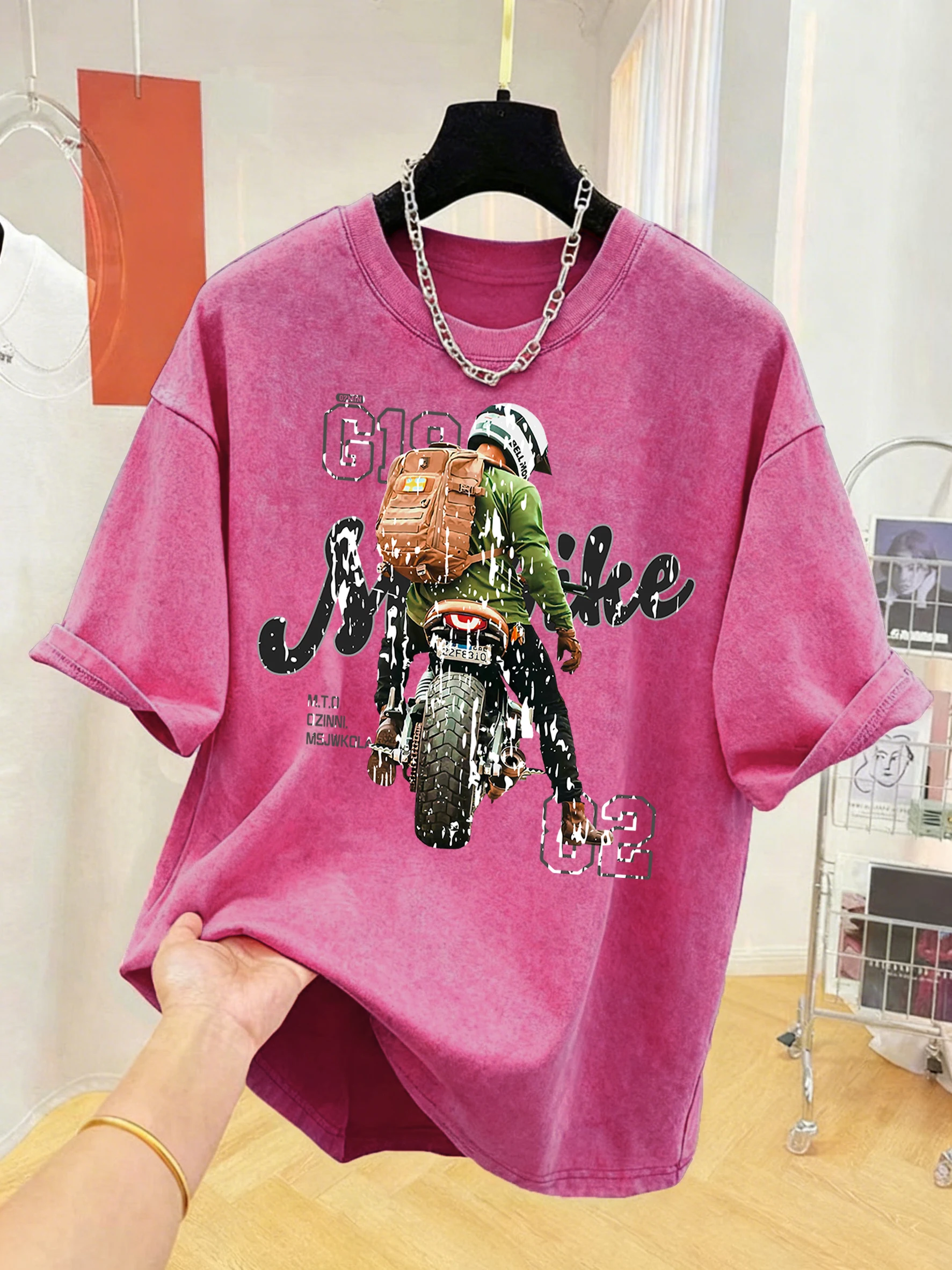Mann Reiten EIN Motorrad Druck Weiche Gewaschen T-Shirt Männer Baumwolle Sommer T Shirts Crewneck Lose Kleidung Hip Hop Retro Männer Top